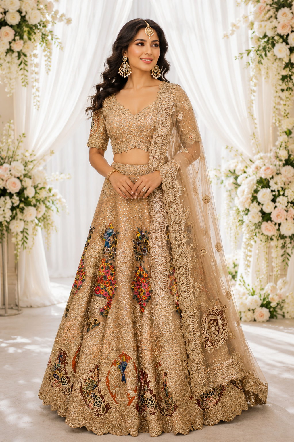 Champagne Bridal Lehenga with Gota-Zari & Multicolour Embroidery