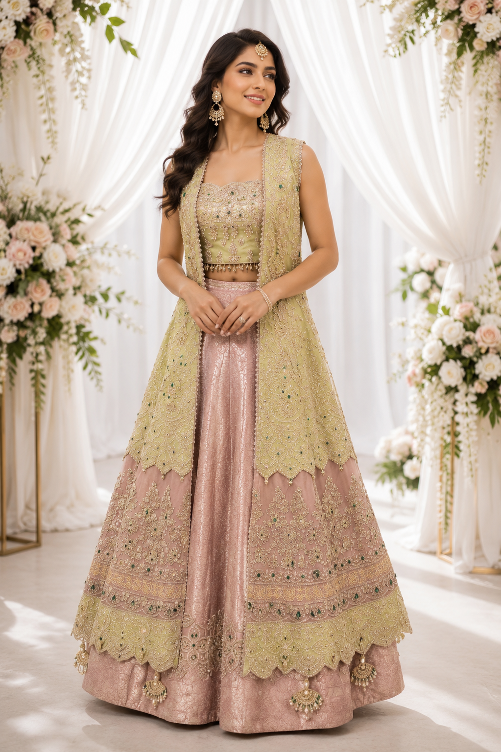 Banarasi Rosé Lehenga with Embroidered Jacket – Three-Piece Set