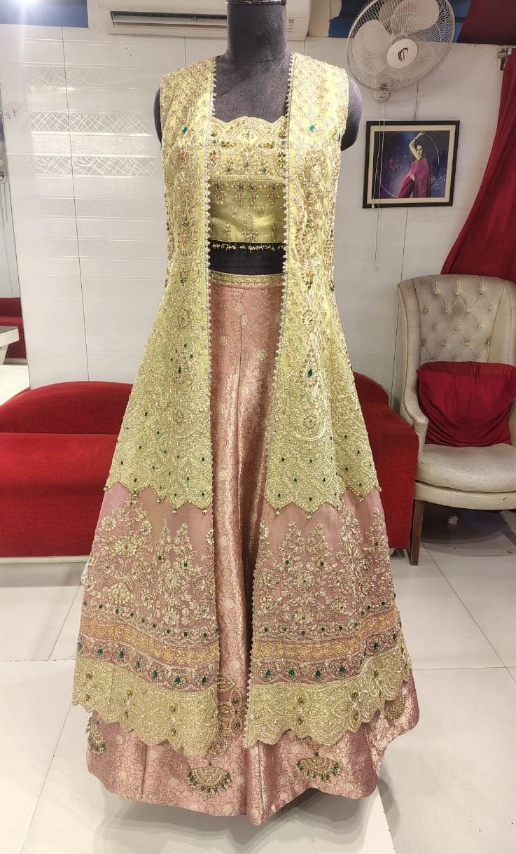 Banarasi Rosé Lehenga with Embroidered Jacket – Three-Piece Set