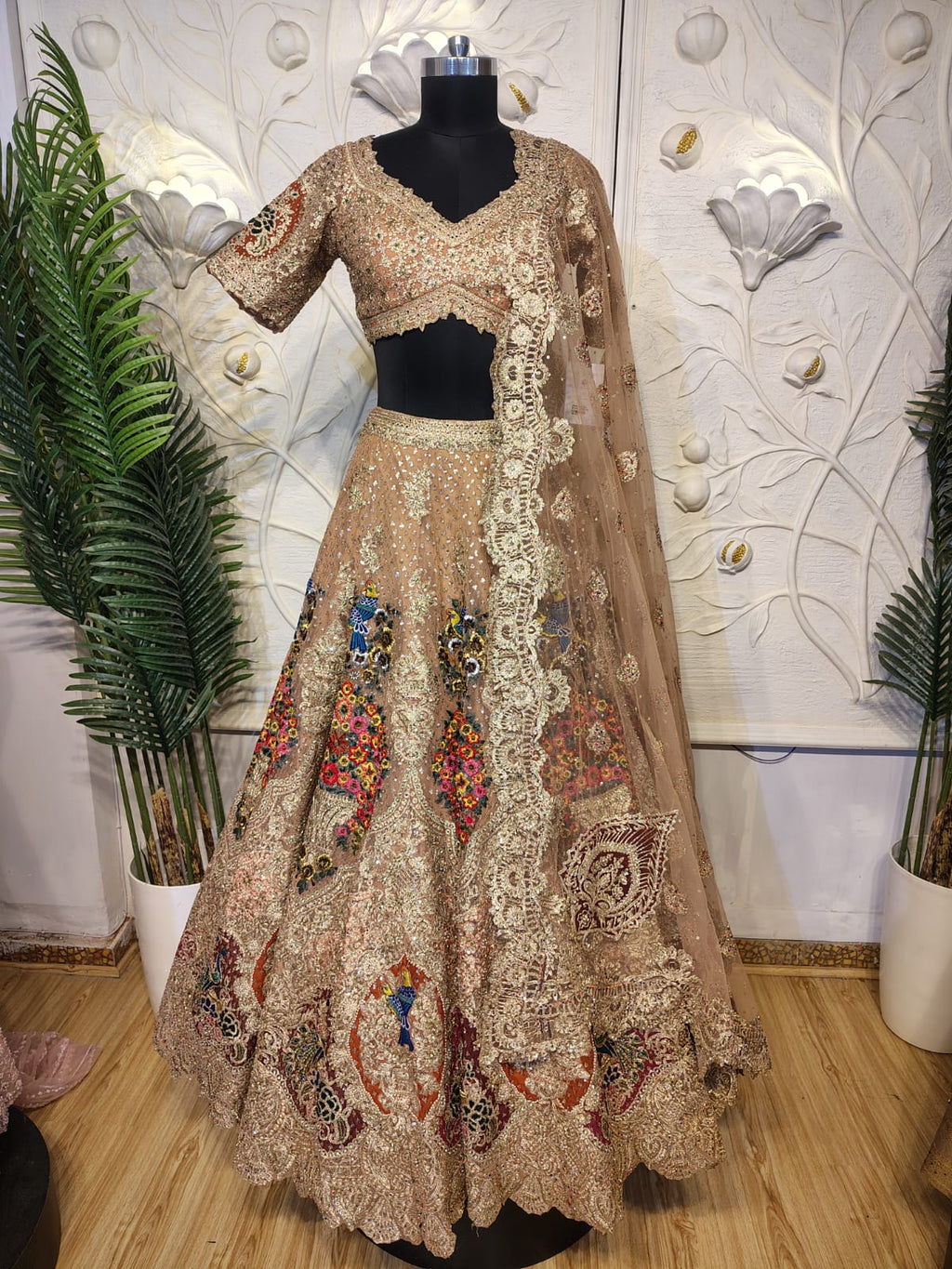 Champagne Bridal Lehenga with Gota-Zari & Multicolour Embroidery