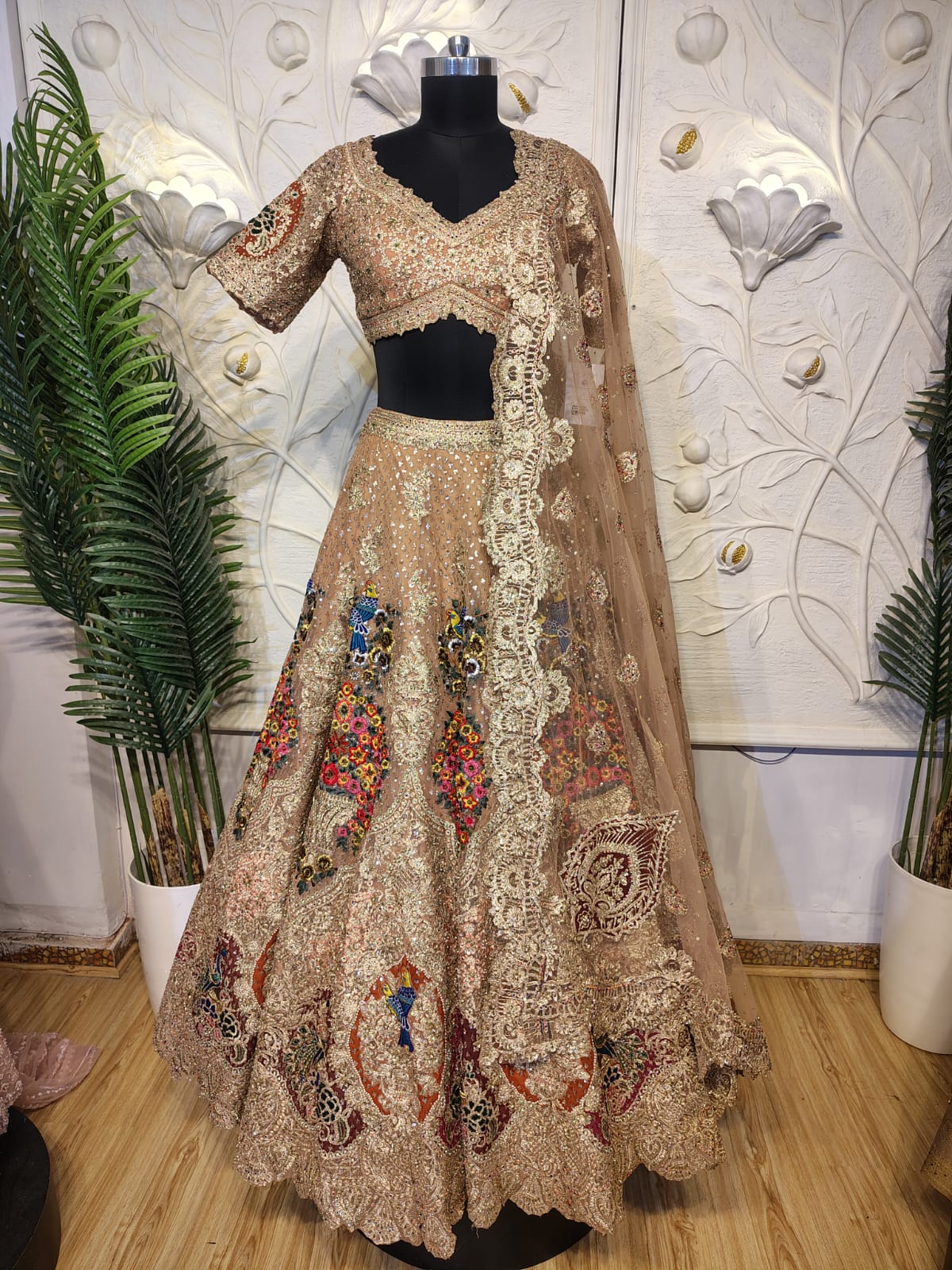 Champagne Bridal Lehenga with Gota-Zari & Multicolour Embroidery